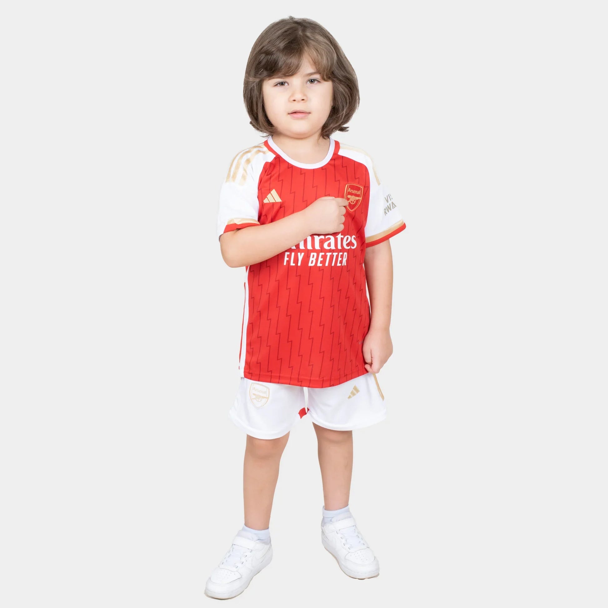 Arsenal Kids Kit Home Season 23/24 Designed By Mitani Store , Regular Fit Jersey Short Sleeves And Round Neck Collar In Red Color