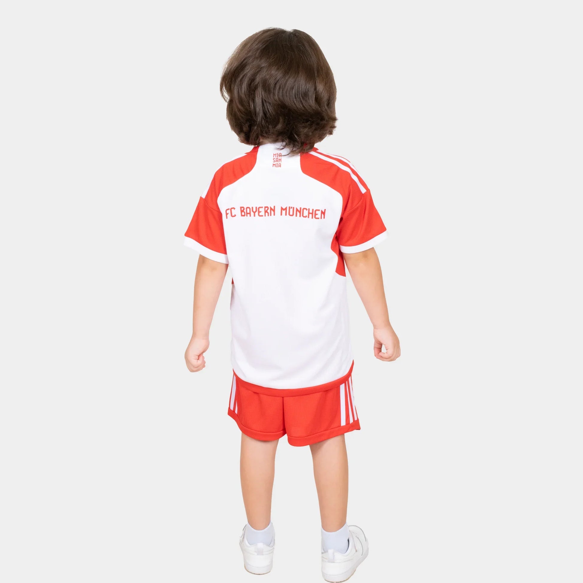 Bayern Munchin Kids Kit Home Season 23/24 Designed By Mitani Store , Regular Fit Jersey Short Sleeves And Ribbed Crewneck In White Color