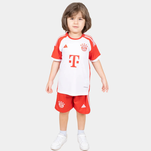 Bayern Munchin Kids Kit Home Season 23/24 Designed By Mitani Store , Regular Fit Jersey Short Sleeves And Ribbed Crewneck In White Color