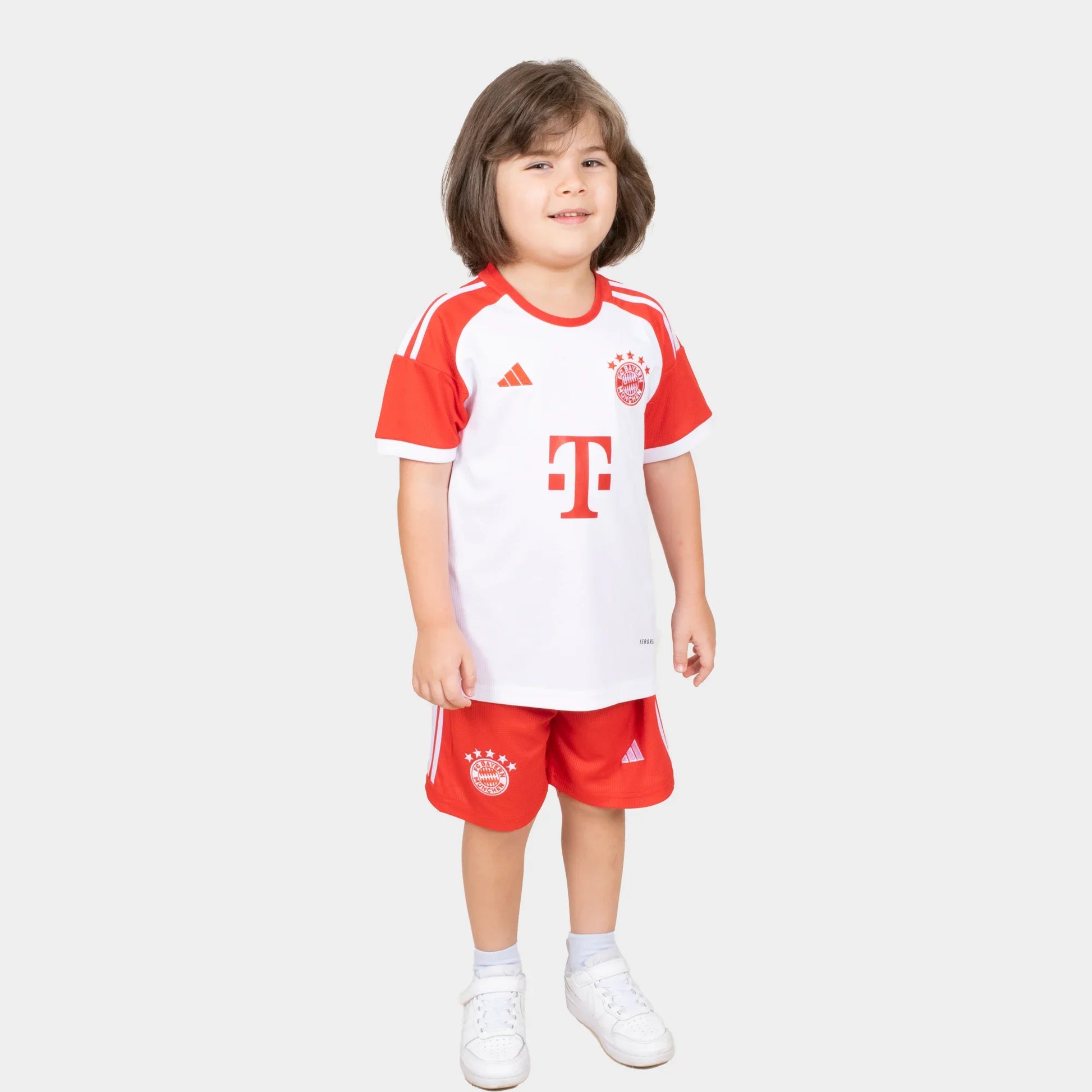 Bayern Munchin Kids Kit Home Season 23/24 Designed By Mitani Store , Regular Fit Jersey Short Sleeves And Ribbed Crewneck In White Color