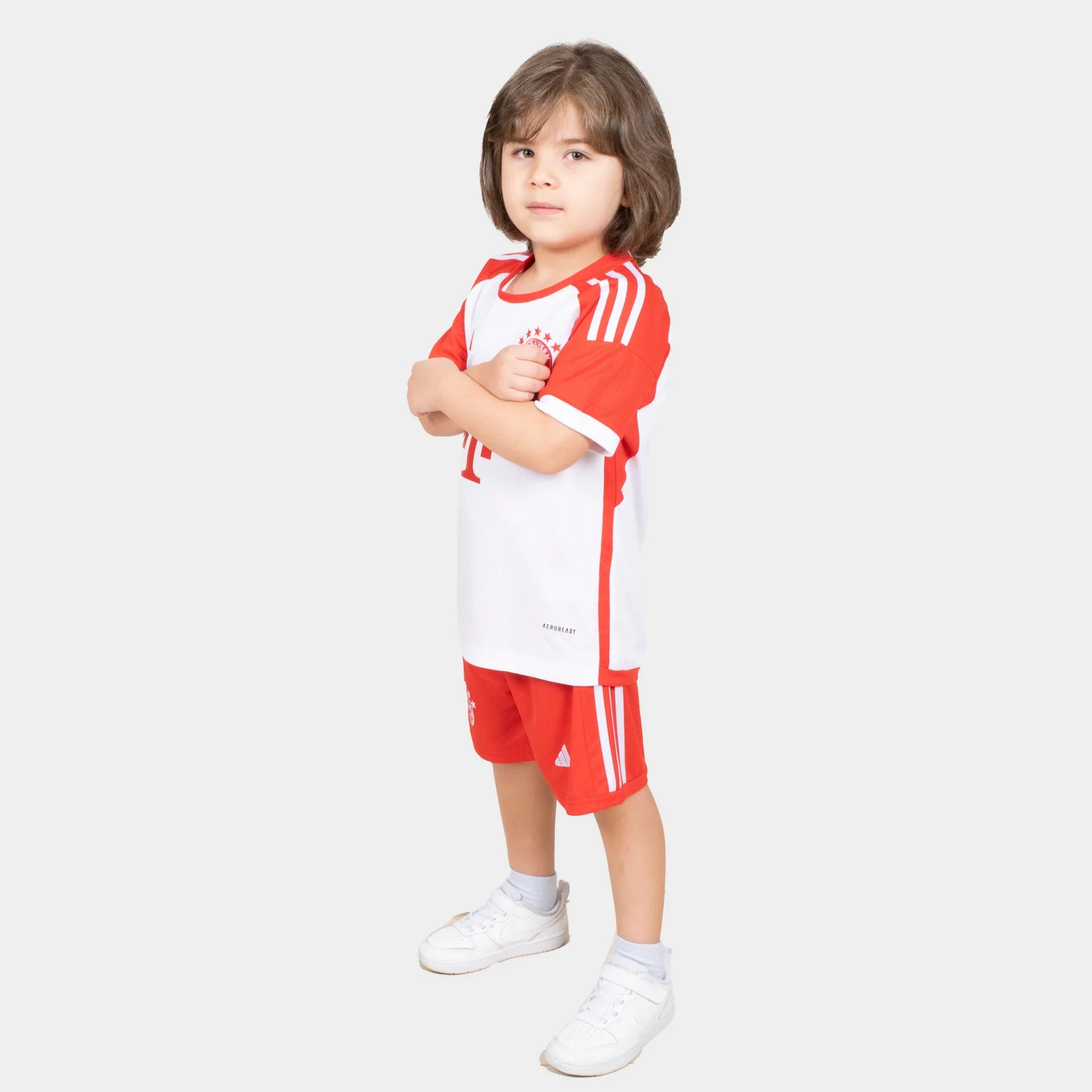 Bayern Munchin Kids Kit Home Season 23/24 Designed By Mitani Store , Regular Fit Jersey Short Sleeves And Ribbed Crewneck In White Color