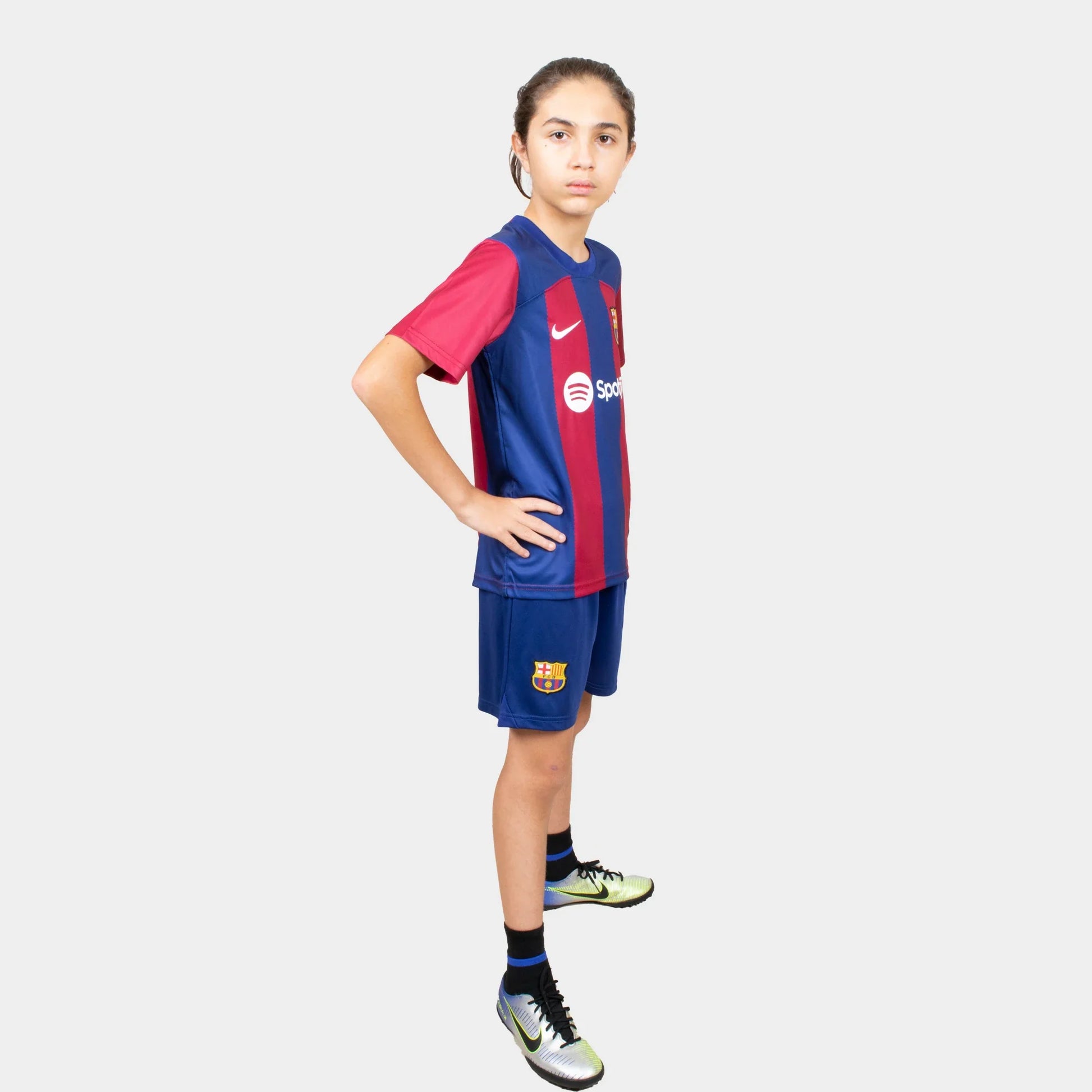 Barcelona Kids Kit Home Season 23/24 Designed By Mitani Store , Regular Fit Jersey Short Sleeves And Round Neck Collar In Blue And Red Color