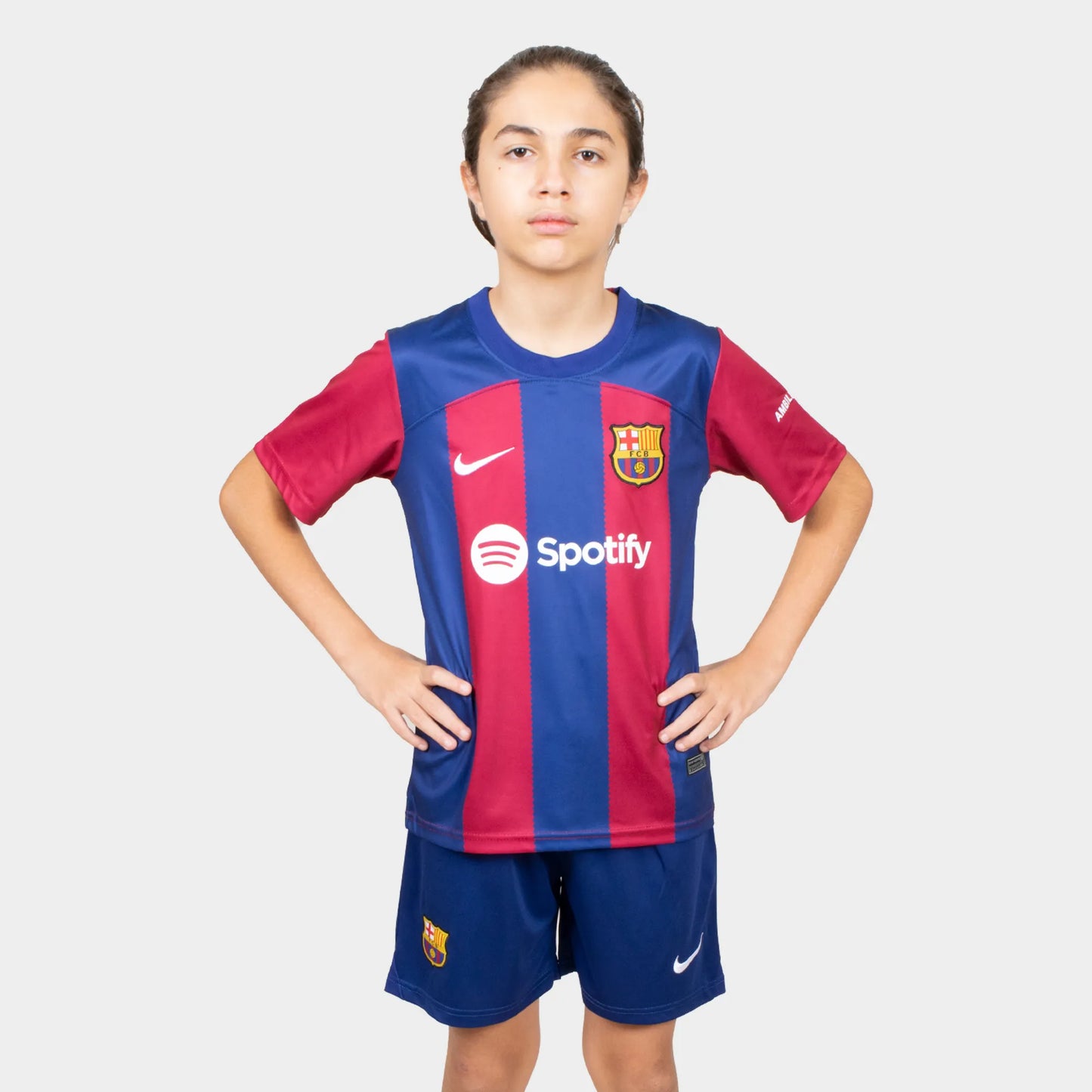 Barcelona Kids Kit Home Season 23/24 Designed By Mitani Store , Regular Fit Jersey Short Sleeves And Round Neck Collar In Blue And Red Color