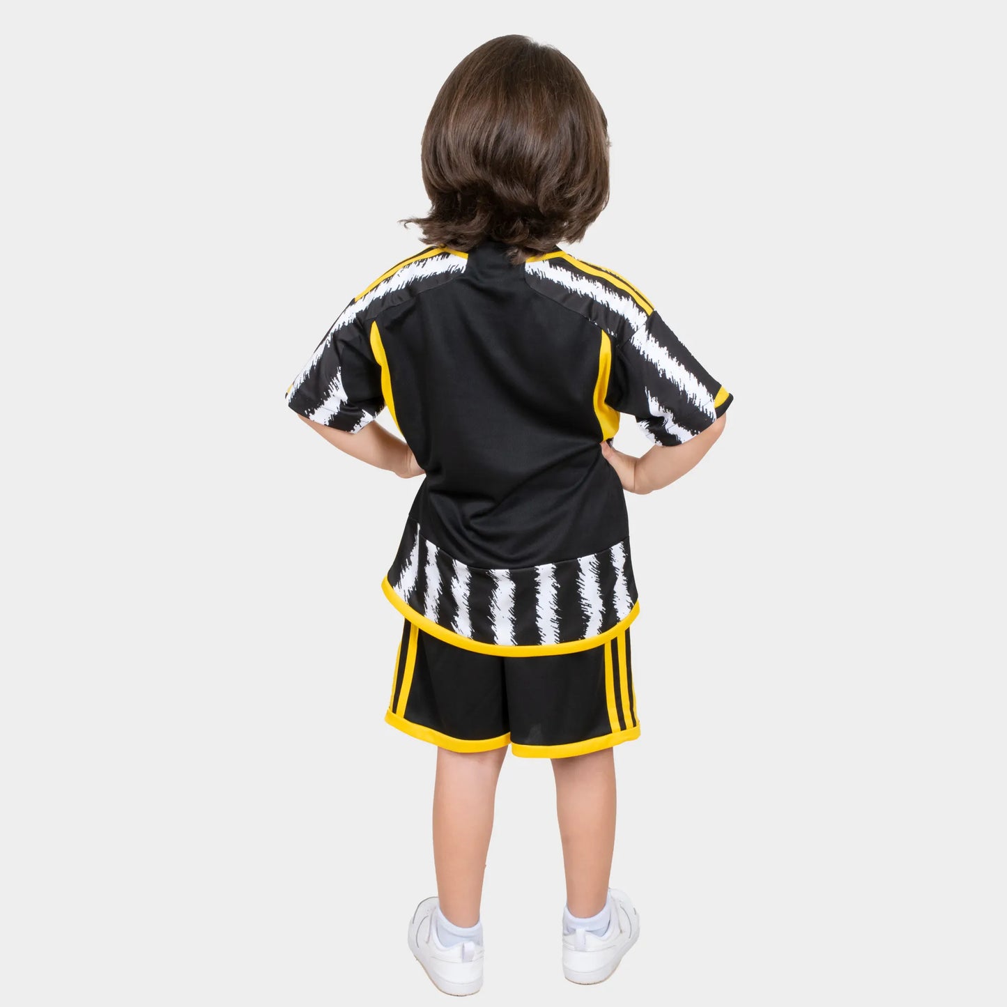 Juventus Kids Kit Home Season 23/24 Designed By Mitani Store , Regular Fit Jersey Short Sleeves And V-Neck Collar In Black and white Color