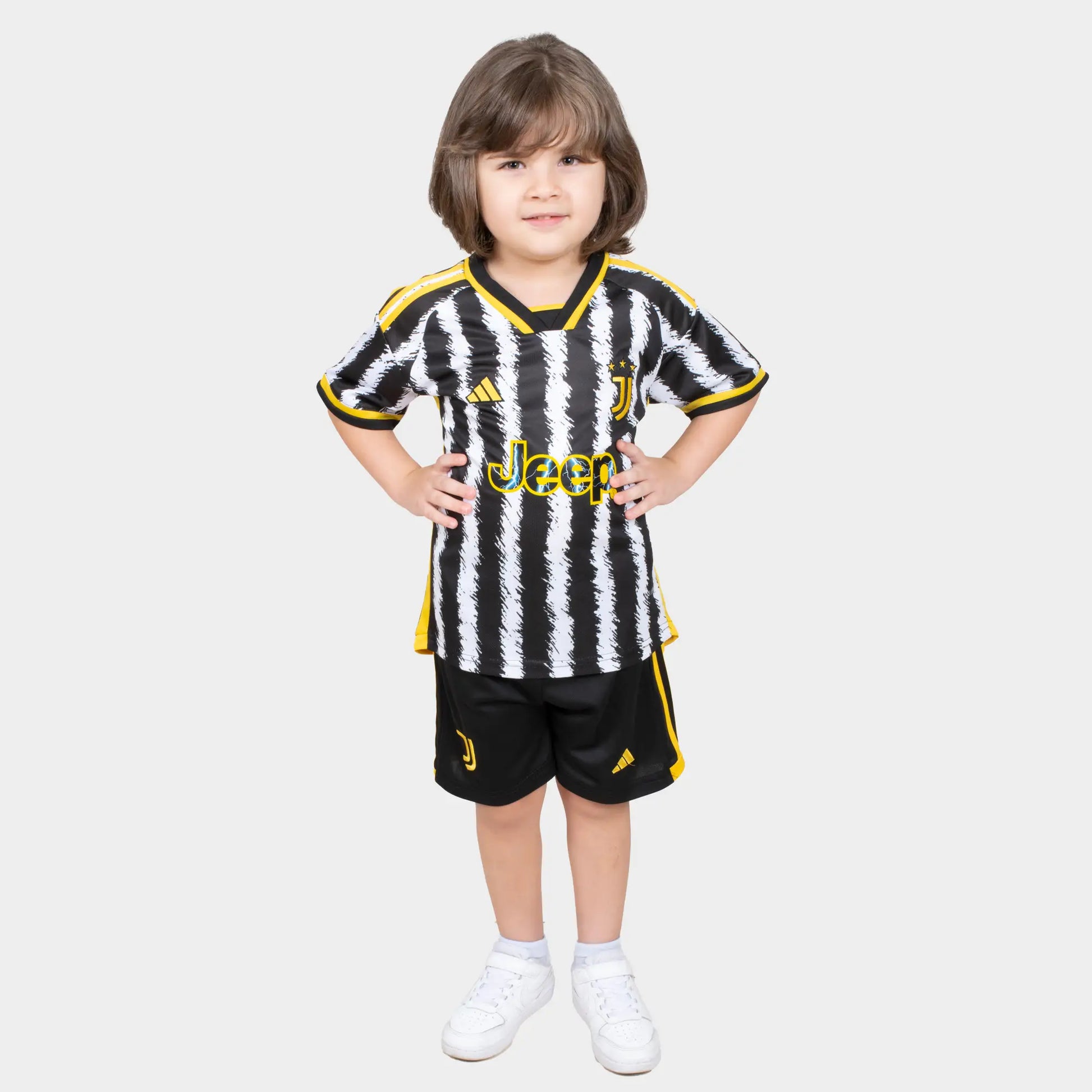 Juventus Kids Kit Home Season 23/24 Designed By Mitani Store , Regular Fit Jersey Short Sleeves And V-Neck Collar In Black and white Color