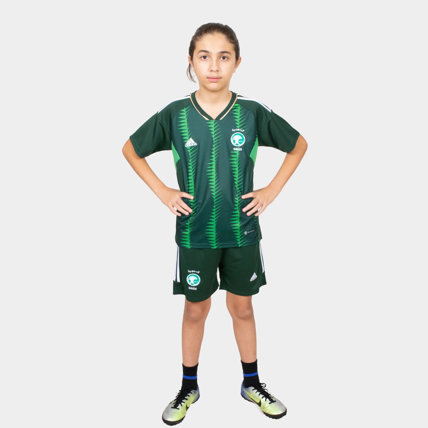 Ksa Kids Kit Home Season 23/24 Designed By Mitani Store , Regular Fit Jersey Short Sleeves And V-Neck Collar In Green Color