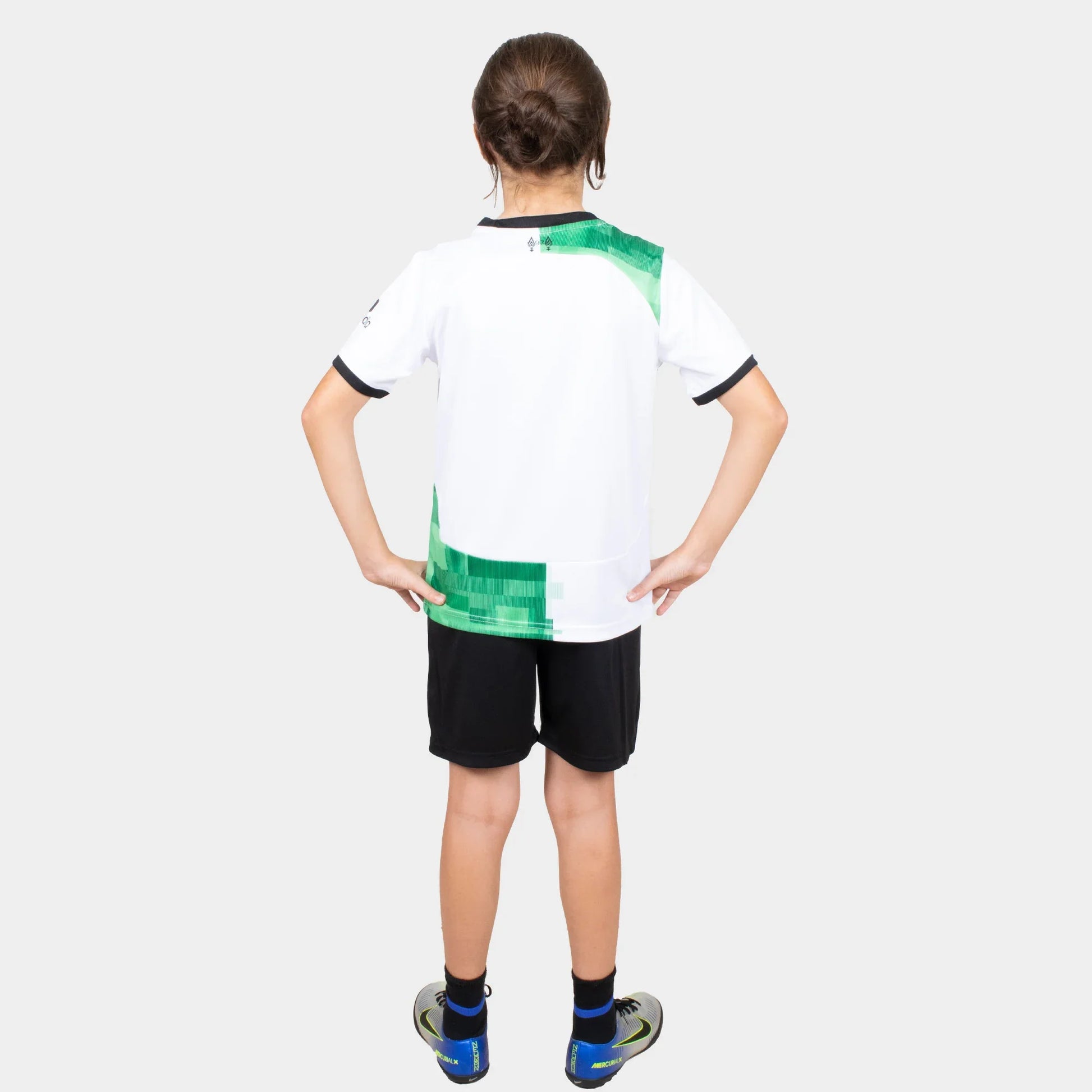 Liverpool Kids Kit Away Season 23/24 Designed By Mitani Store , Regular Fit Jersey Short Sleeves And Round Neck Collar In White And Green Patterns Color