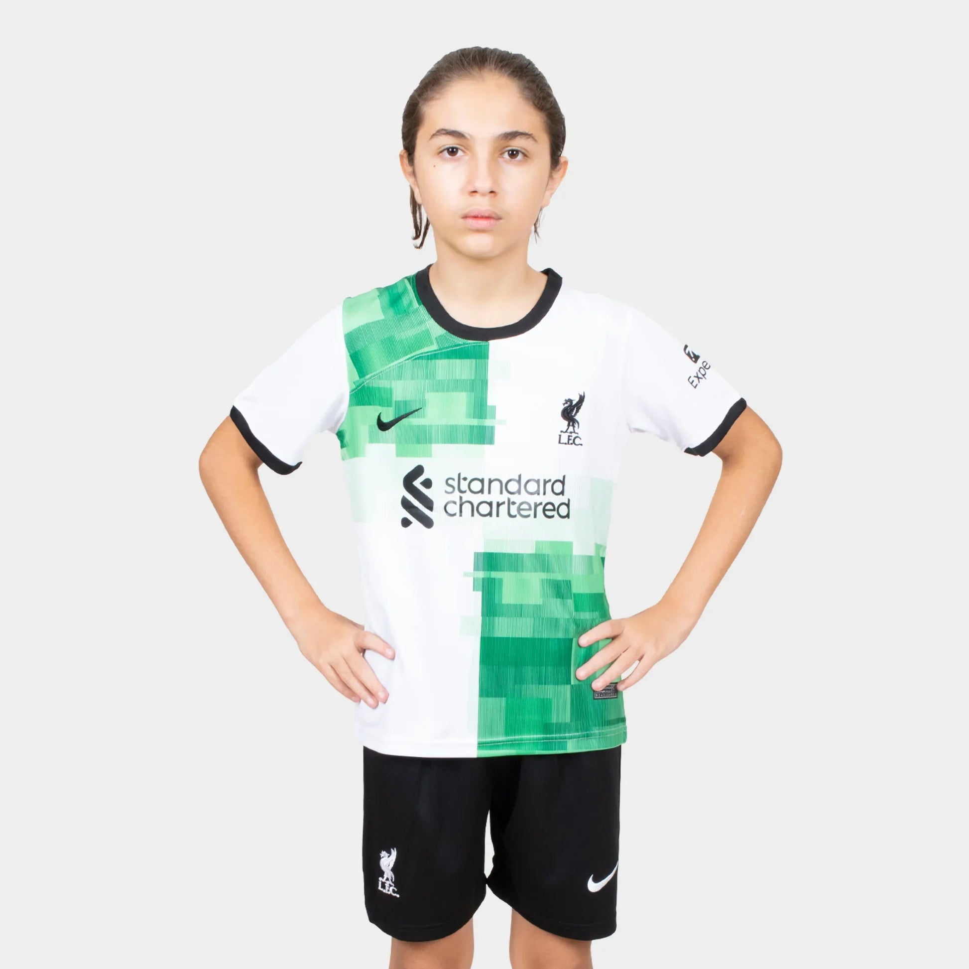 Liverpool Kids Kit Away Season 23/24 Designed By Mitani Store , Regular Fit Jersey Short Sleeves And Round Neck Collar In White And Green Patterns Color