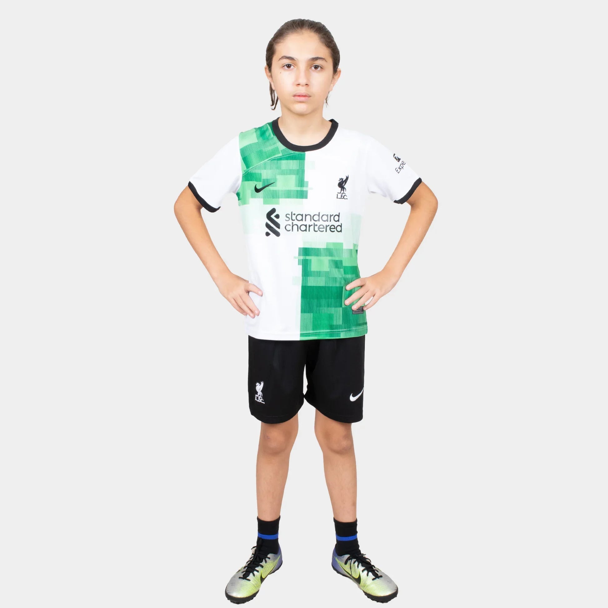 Liverpool Kids Kit Away Season 23/24 Designed By Mitani Store , Regular Fit Jersey Short Sleeves And Round Neck Collar In White And Green Patterns Color