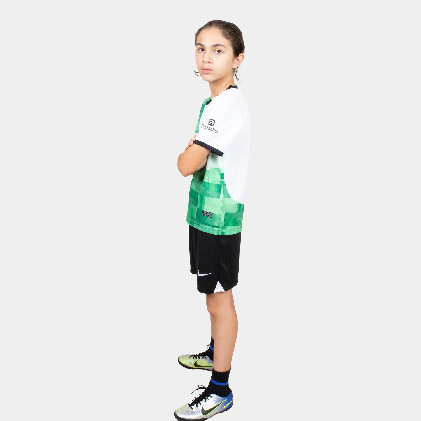 Liverpool Kids Kit Away Season 23/24 Designed By Mitani Store , Regular Fit Jersey Short Sleeves And Round Neck Collar In White And Green Patterns Color