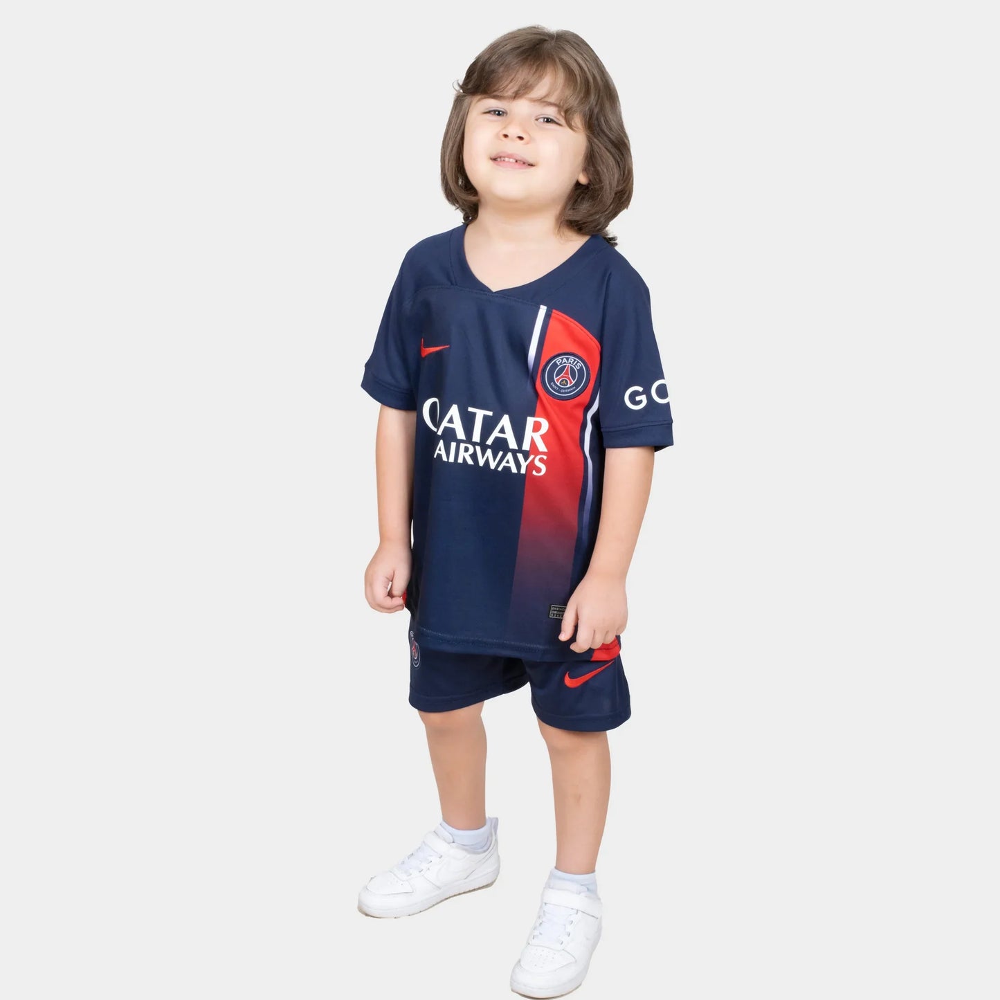 Paris Saint Germain Kids Kit Home Season 23/24 Designed By Mitani Store , Regular Fit Jersey Short Sleeves And V-Neck Collar In Dark Blue Color