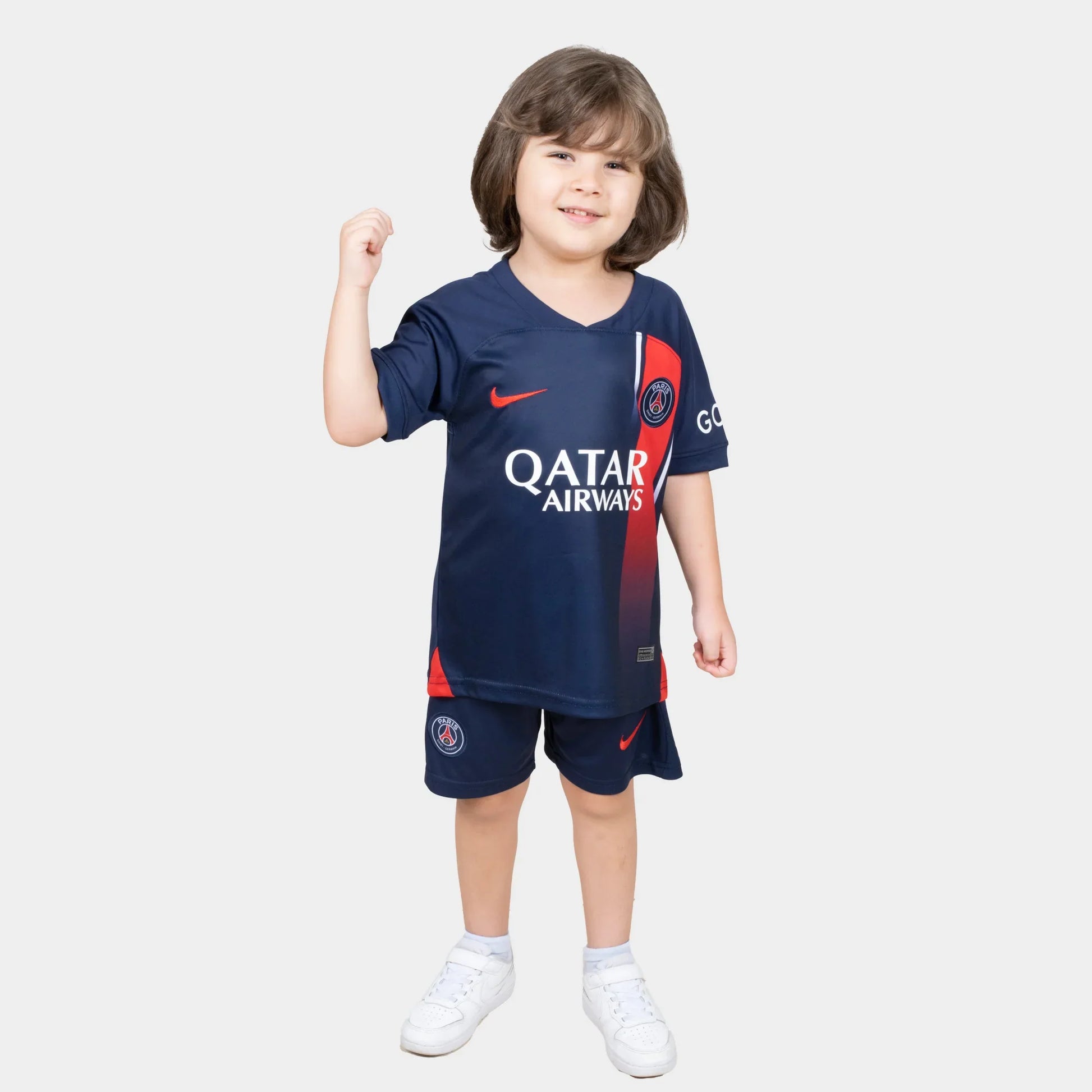 Paris Saint Germain Kids Kit Home Season 23/24 Designed By Mitani Store , Regular Fit Jersey Short Sleeves And V-Neck Collar In Dark Blue Color