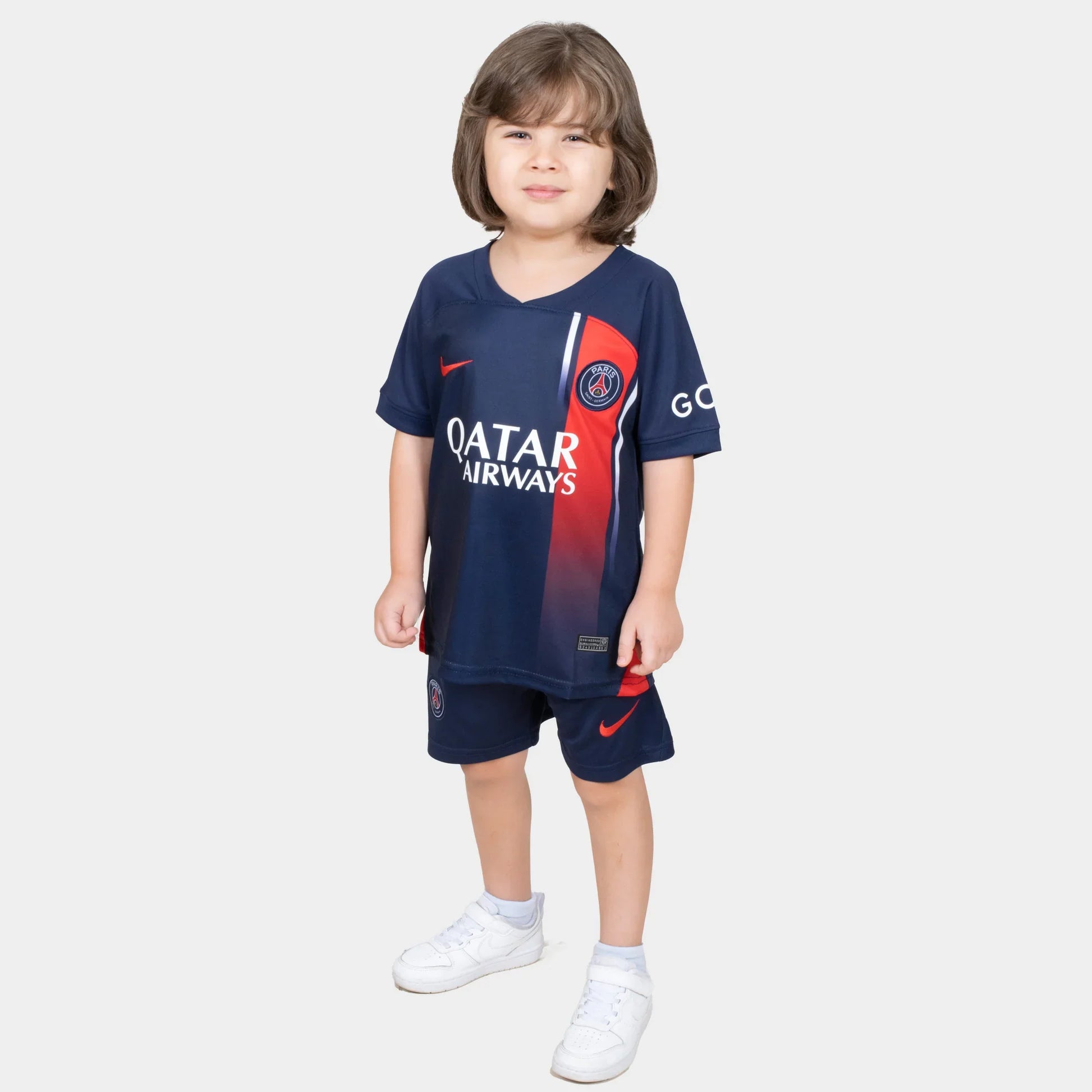 Paris Saint Germain Kids Kit Home Season 23/24 Designed By Mitani Store , Regular Fit Jersey Short Sleeves And V-Neck Collar In Dark Blue Color