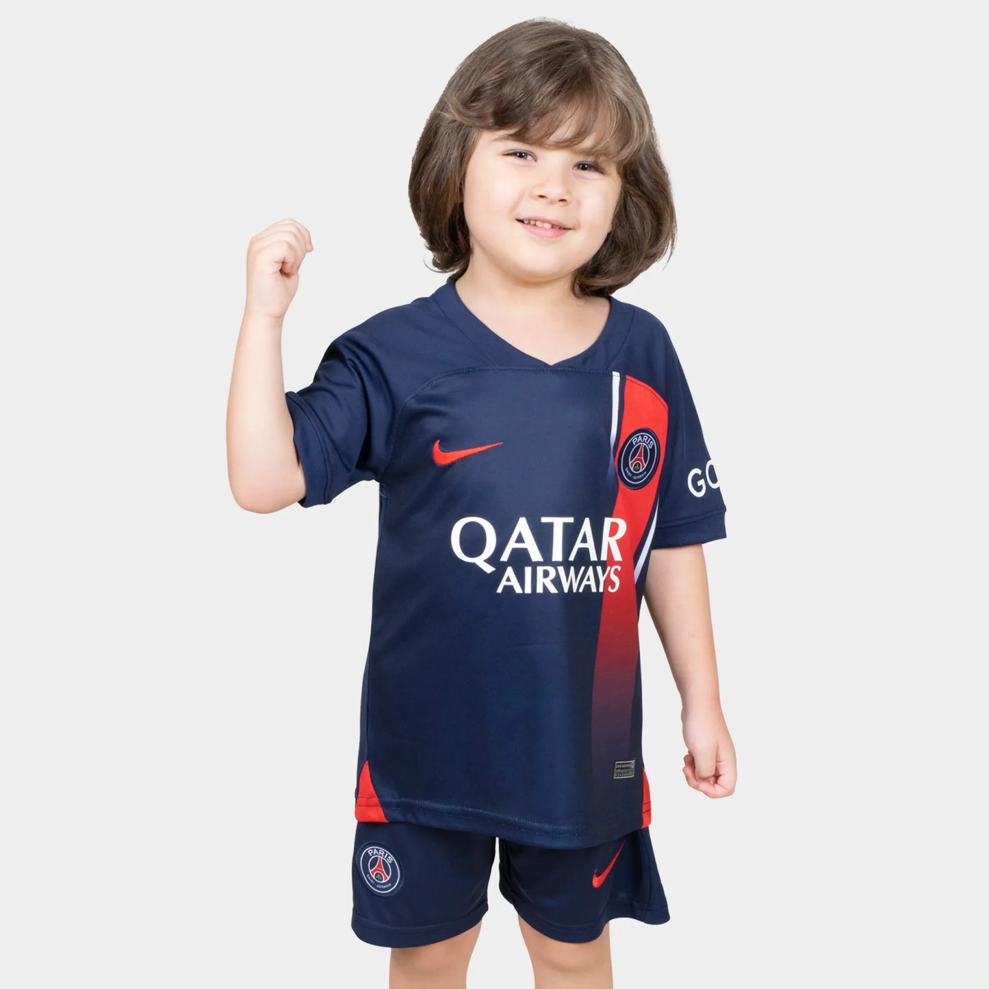 Paris Saint Germain Kids Kit Home Season 23/24 Designed By Mitani Store , Regular Fit Jersey Short Sleeves And V-Neck Collar In Dark Blue Color