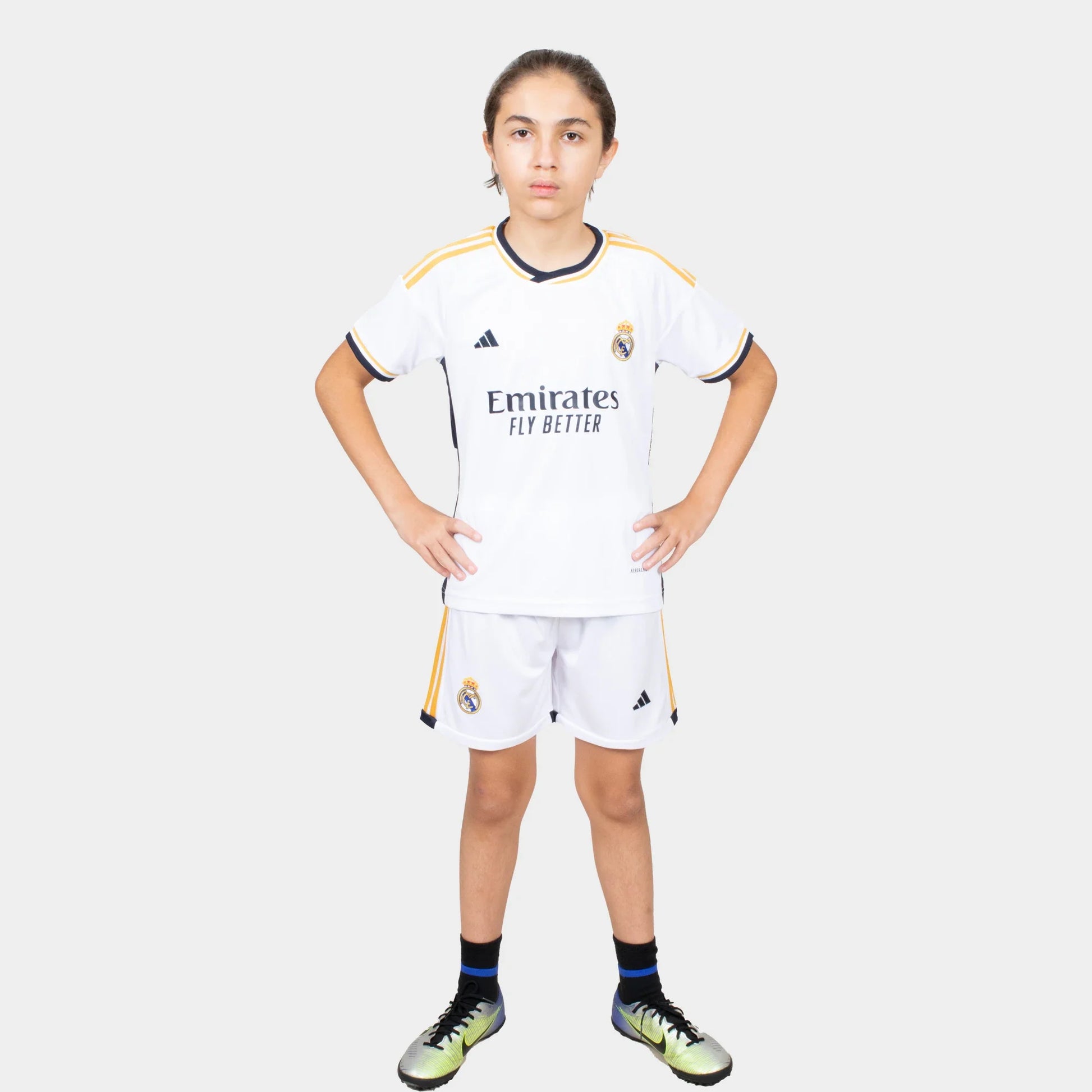 Real Madrid Kids Kit Home Season 23/24 Designed By Mitani Store , Regular Fit Jersey Short Sleeves And Round Neck Collar In White Color