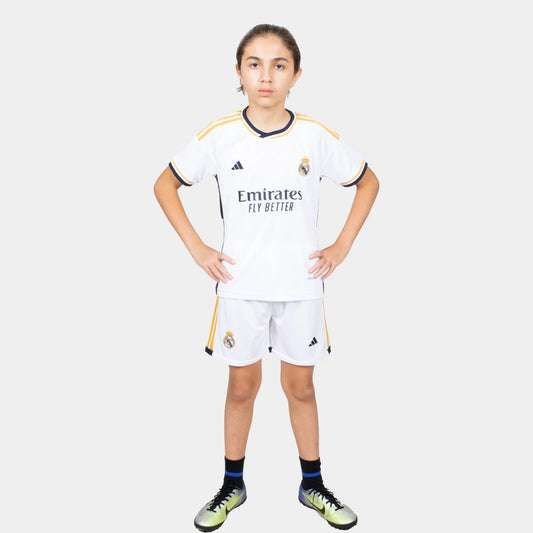 Real Madrid Kids Kit Home Season 23/24 Designed By Mitani Store , Regular Fit Jersey Short Sleeves And Round Neck Collar In White Color