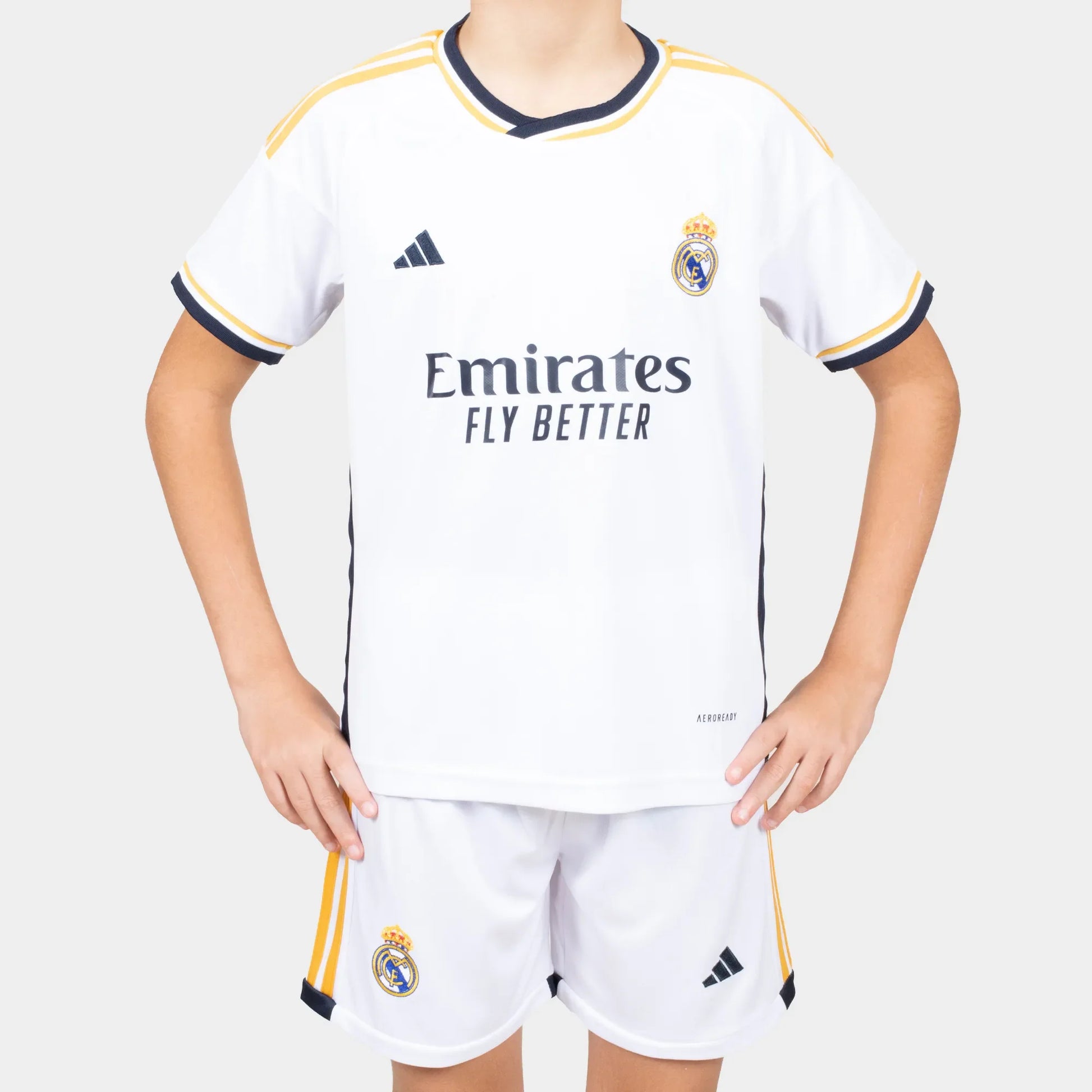 Real Madrid Kids Kit Home Season 23/24 Designed By Mitani Store , Regular Fit Jersey Short Sleeves And Round Neck Collar In White Color