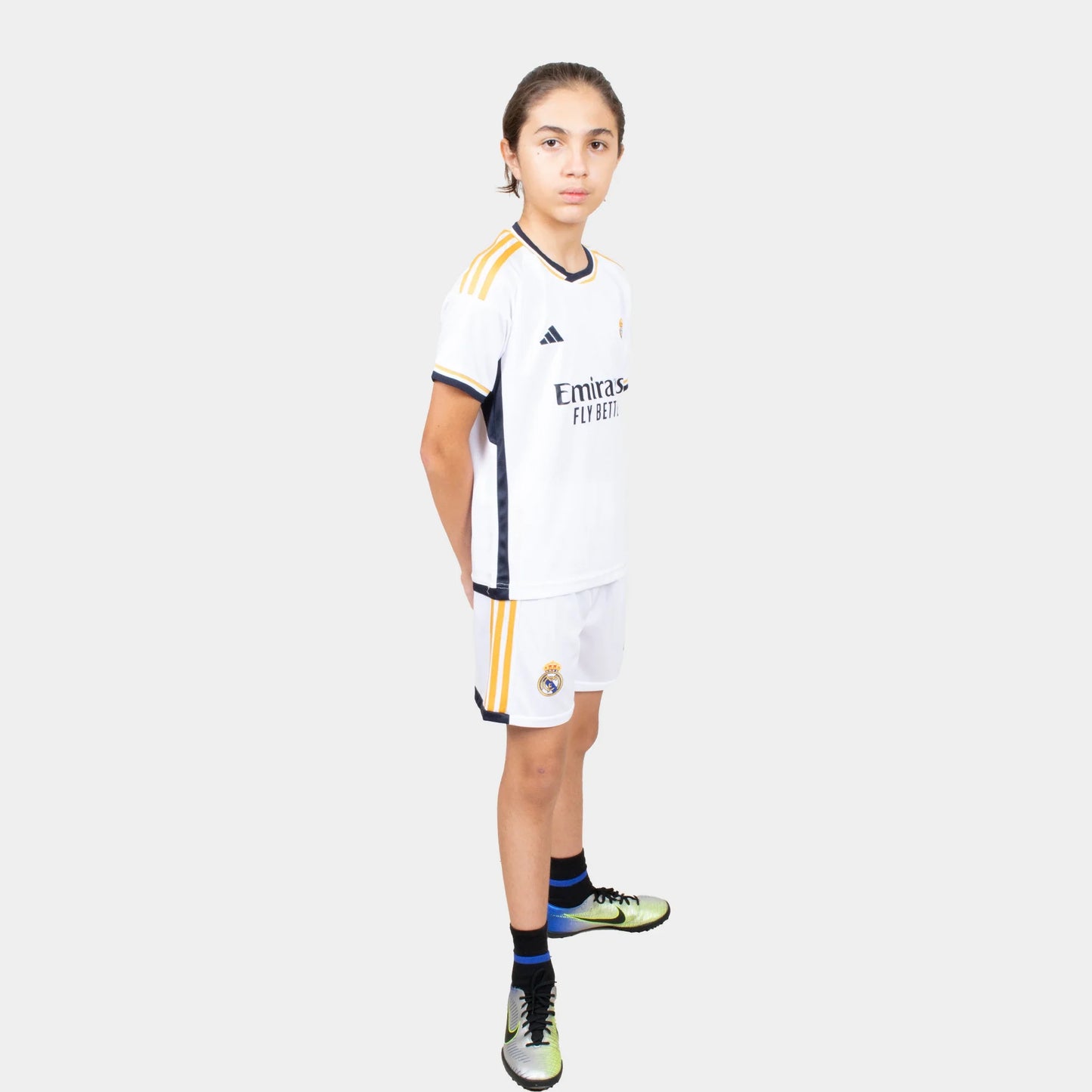 Real Madrid Kids Kit Home Season 23/24 Designed By Mitani Store , Regular Fit Jersey Short Sleeves And Round Neck Collar In White Color