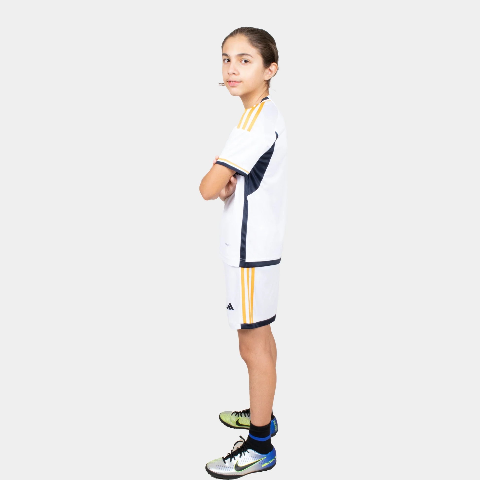 Real Madrid Kids Kit Home Season 23/24 Designed By Mitani Store , Regular Fit Jersey Short Sleeves And Round Neck Collar In White Color